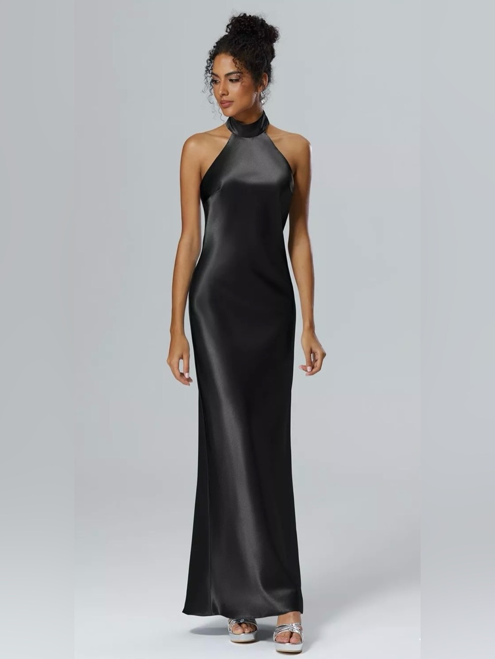 Backless Halter Satin Maxi Dress - Black